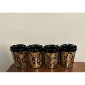 Vtg MCM Lot of 4 Black and Gold Swirl Thermo Serv Plastic Coffee Mugs Cups